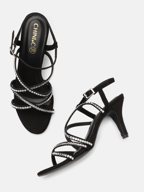 

CHINI C Women Black Embellished Suede Gladiator Heels