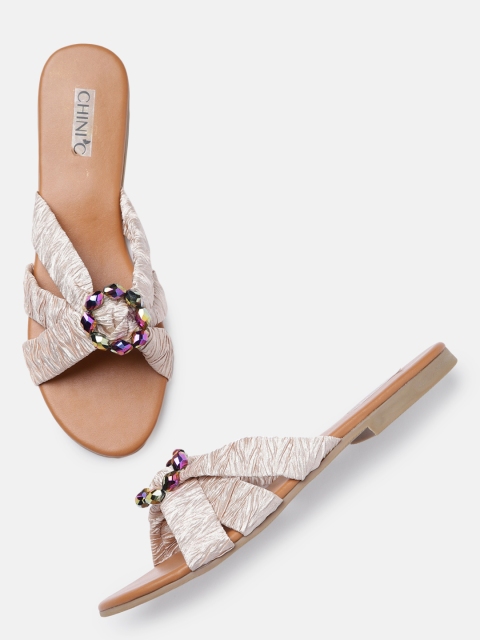 

CHINI C Women Beige Crinkled Effect Open Toe Flats with Embellished Detail