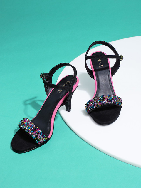 

CHINI C Women Black & Pink Embellished Slim Heels