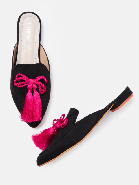 

CHINI C Women Black & Pink Tasselled Suede Mules