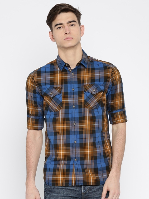 

Jack & Jones Men Blue & Khaki Slim Fit Checked Casual Shirt