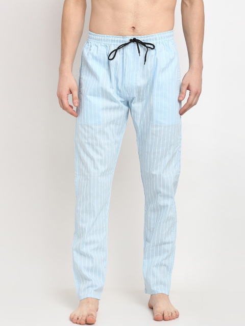 

JAINISH Men Blue & White Striped Pure Cotton Slim-Fit Lounge Pants