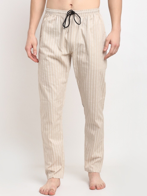 

JAINISH Men Cream-Coloured & White Striped Pure Cotton Slim-Fit Lounge Pants