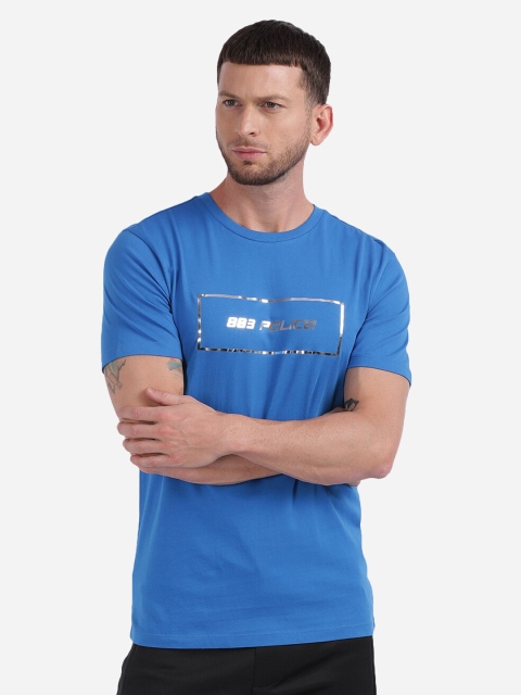 

883 Police Men Blue Silver Foil Brand Logo Printed Cotton Pure Cotton T-shirt