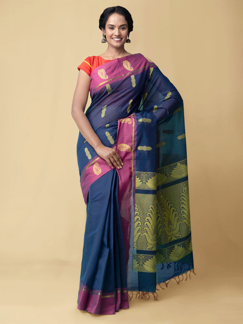 

Unnati Silks Women Navy Blue & Pink Uppada Cotton Ethnic Motifs Woven Designed Saree