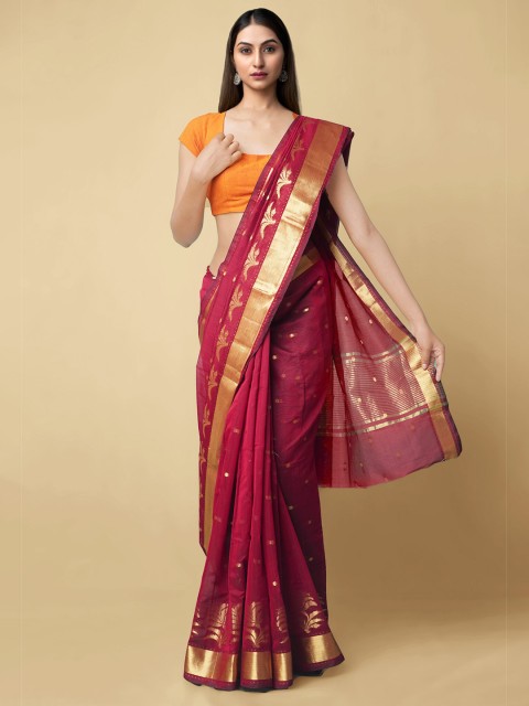 

Unnati Silks Maroon & Gold-Toned Floral Zari Silk Cotton Kanjeevaram Saree