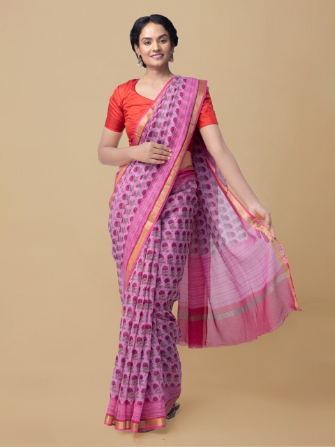 

Unnati Silks Pink Floral Printed Handloom Sustainable Pure Cotton Kota Saree