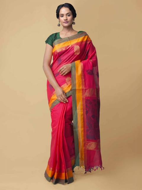 

Unnati Silks Pink & Green Floral Pure Cotton Sustainable Uppada Saree