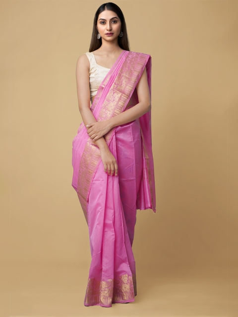 

Unnati Silks Pink & Gold-Toned Solid Silk Cotton Chettinad Saree