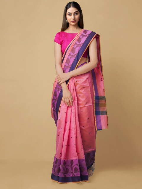 

Unnati Silks Pink & Blue Ethnic Motifs Sustainable Silk Cotton Kanjeevaram Saree