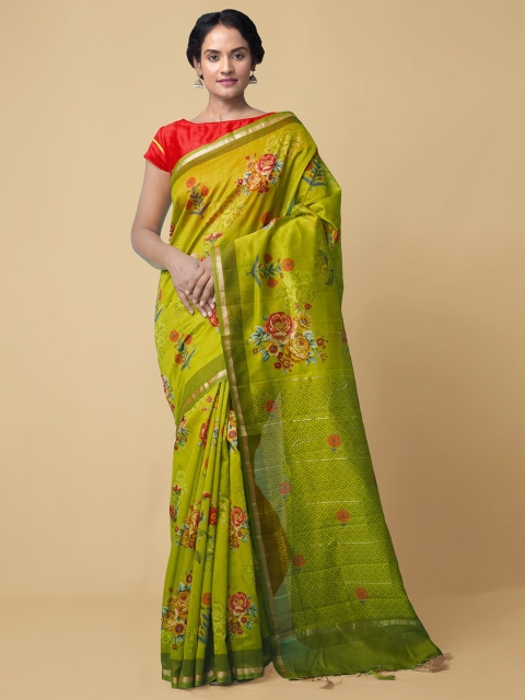 

Unnati Silks Green & Red Floral Printed Sustainable Chanderi Saree