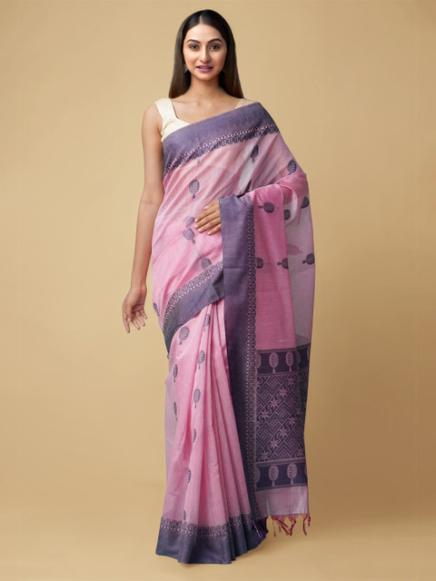 

Unnati Silks Pink & Blue Woven Design Silk Cotton Bhagalpuri Saree