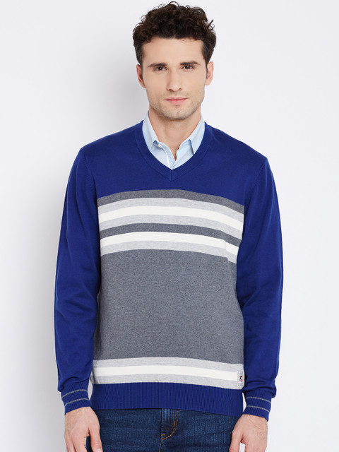 

U.S. Polo Assn. Men Blue & Grey Melange Striped Sweater