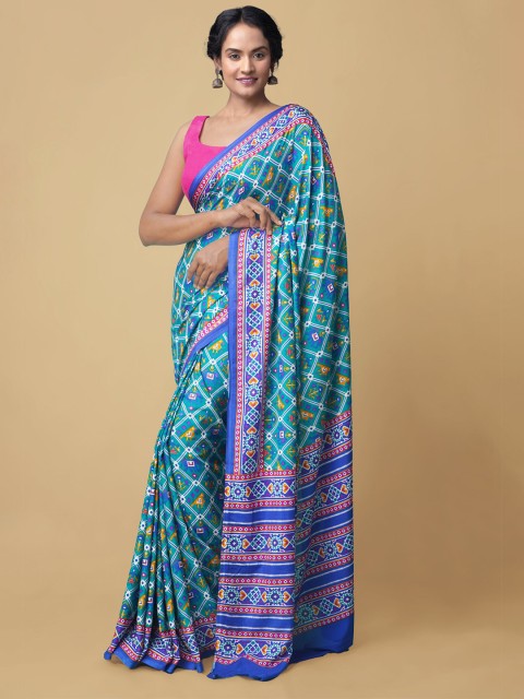 

Unnati Silks Women Green & Blue Patola Printed Crepe Silk Saree