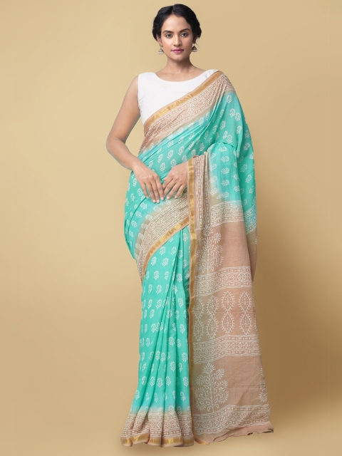 

Unnati Silks Green & Brown Floral Pure Cotton Handloom Sustainable Block Print Saree