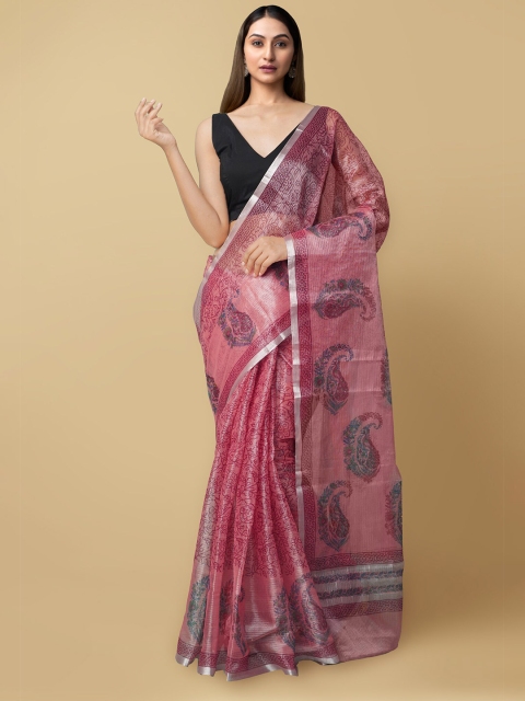 

Unnati Silks Red & Blue Ethnic Motifs Block Print Kota Tissue Saree