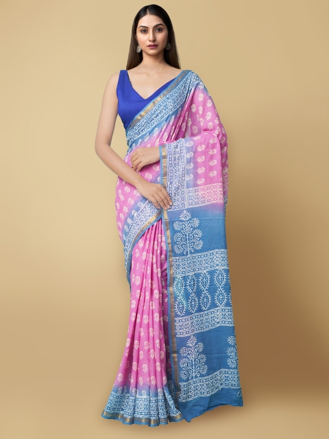 

Unnati Silks Pink & Blue Floral Pure Hand Block Printed Mulmul Cotton Sustainable Saree