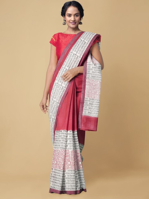 

Unnati Silks White & Pink Pure Cotton Kasavu Saree
