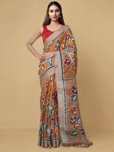 

Unnati Silks Brown & Green Pure Linen Handloom Sustainable Jamdani Saree