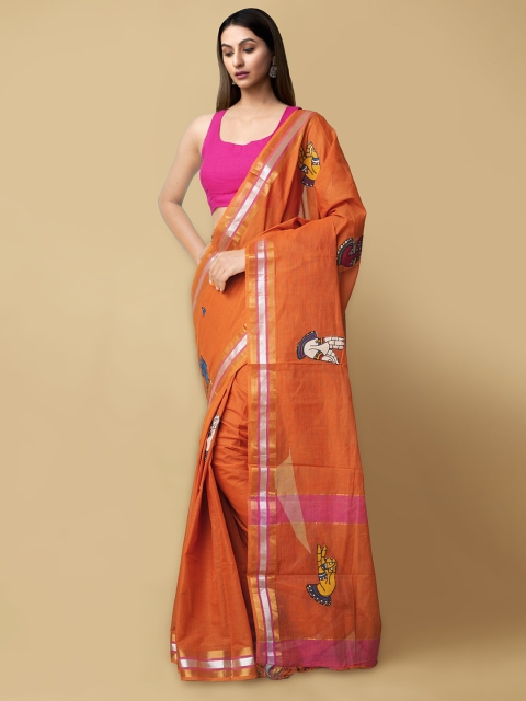 

Unnati Silks Orange & Pink Ethnic Motifs Pure Cotton Sustainable Mangalagiri Saree