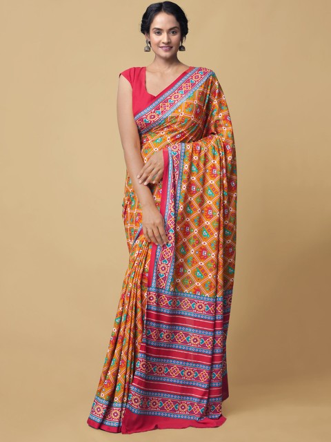 

Unnati Silks Yellow & Red Warli Printed Handloom Art Silk Kovai Saree