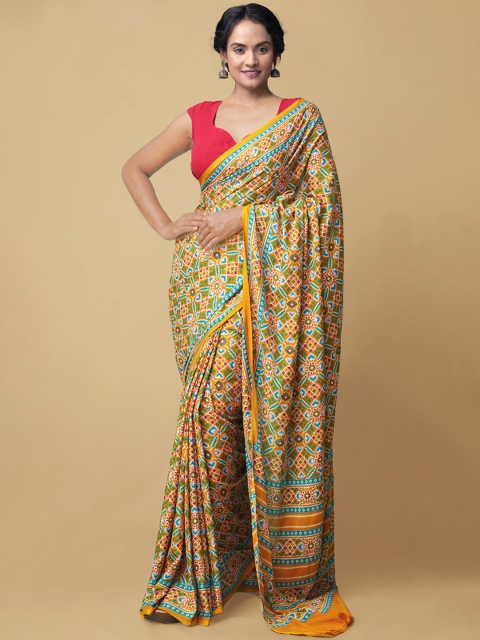 

Unnati Silks Yellow & Blue Ethnic Motifs Patola Printed Art Silk Kovai Saree