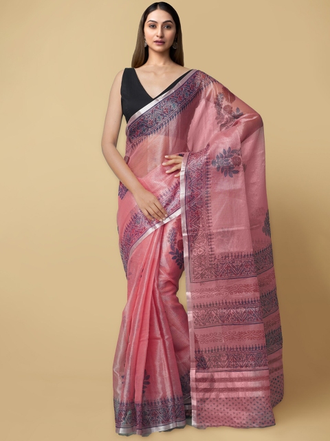 

Unnati Silks Pink & Blue Floral Block Printed Kota Tissue Saree