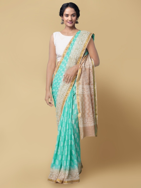 

Unnati Silks Green & Brown Floral Pure Cotton Block Print Saree
