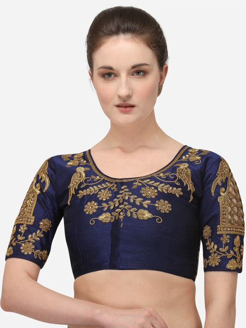 

Amrutam Fab Women Navy Blue & Gold-Coloured Embroidered Raw Silk Saree Blouse
