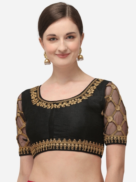 

Amrutam Fab Women Black & Gold-Coloured Embroidered Raw Silk Saree Blouse