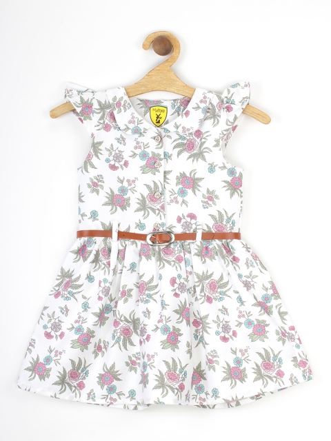 

Lil Lollipop Girls White & Pink Floral Belted Pure Cotton Dress