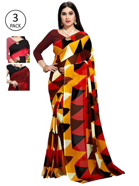 

KALINI Pack Of 3 Multicoloured Printed Sarees, Red