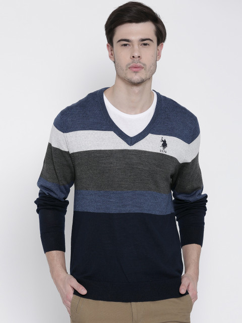

U.S. Polo Assn. Men Blue & Grey Melange Colourblocked Sweater