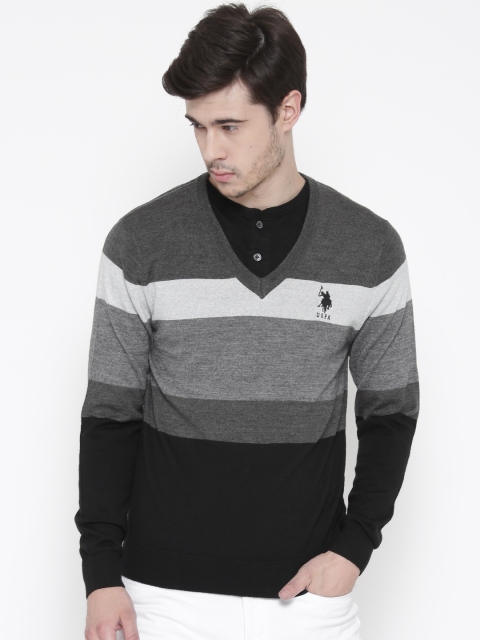 

U.S. Polo Assn. Men Grey Melange & Black Striped Merino Wool Sweater