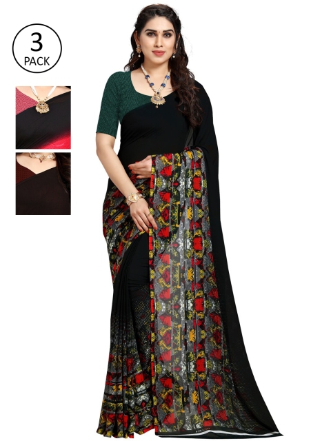 

KALINI Pack Of 3 Printed Sarees, Black