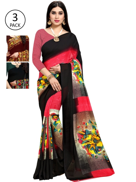 

KALINI Pack Of 3 Poly Georgette Printed Sarees, Brown