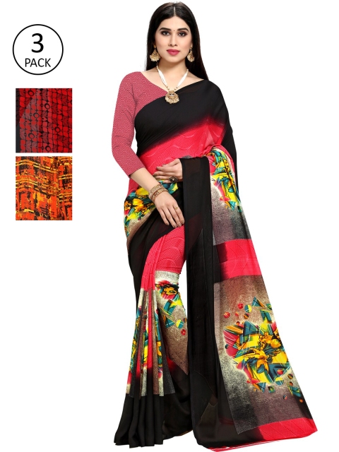 

KALINI Pack Of 3 Printed Sarees, Black