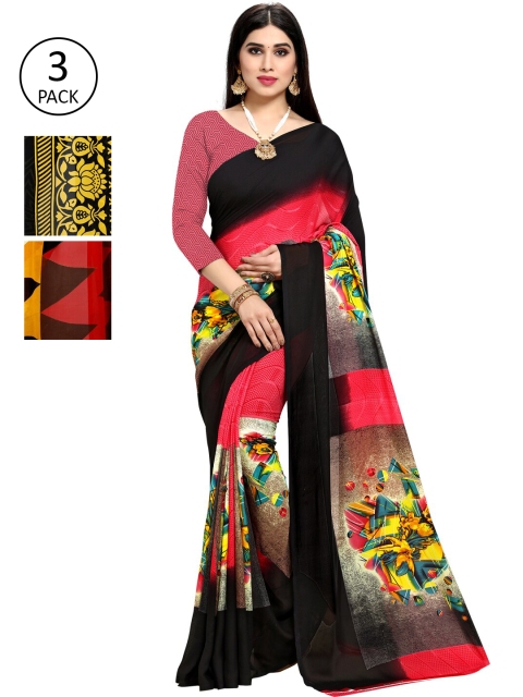 

KALINI Pack Of 3 Printed Sarees, Pink