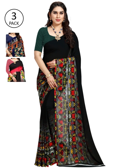 

KALINI Pack Of 3 Multicoloured Printed Sarees, Black