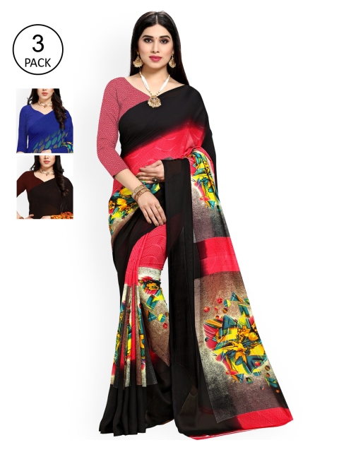 

KALINI Pack Of 3 Printed Saree, Black