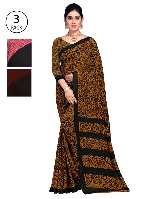 

KALINI Pack Of 3 Printed Sarees, Brown