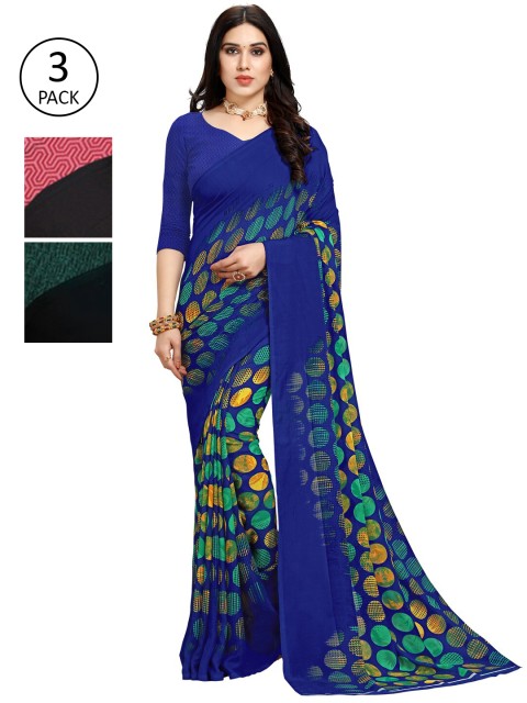 

KALINI Pack Of 3 Printed Sarees, Blue