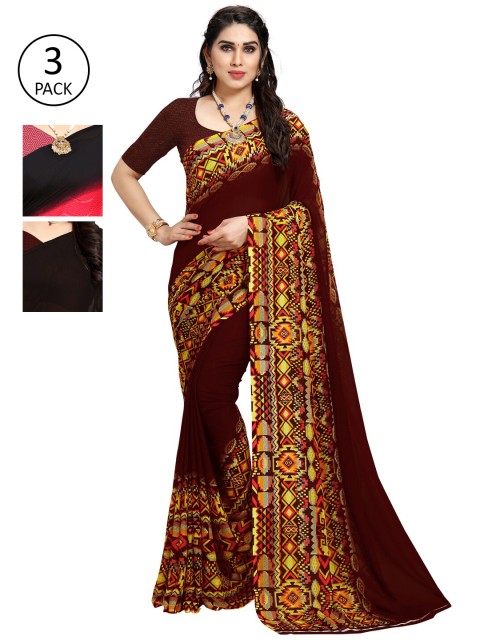 

KALINI Pack of 3 Printed Sarees, Maroon