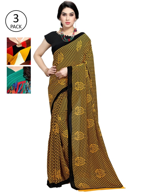 

KALINI Pack Of 3 Printed Sarees, Yellow