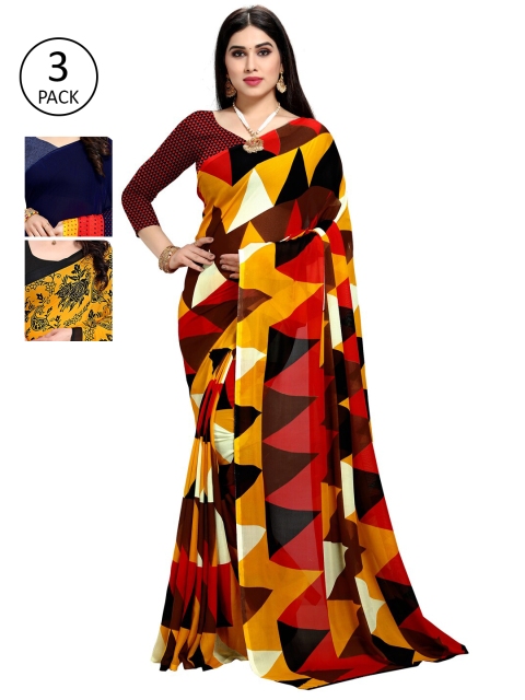 

KALINI Pack Of 3 Multicoloured Printed Sarees, Yellow