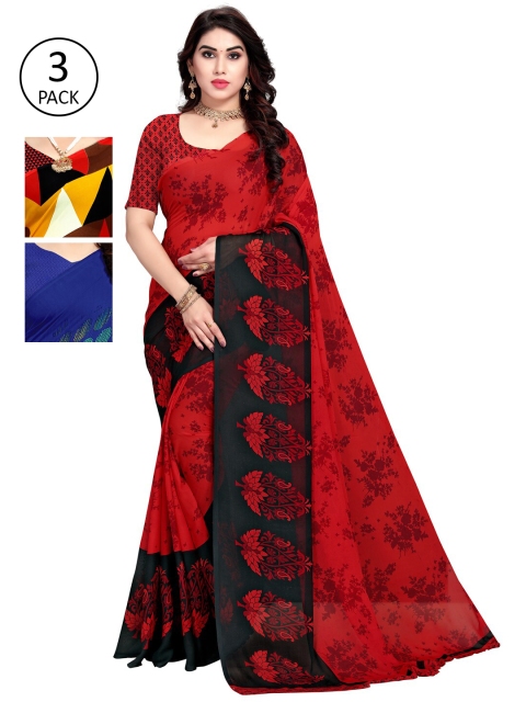 

KALINI Pack Of 3 Printed Sarees, Red