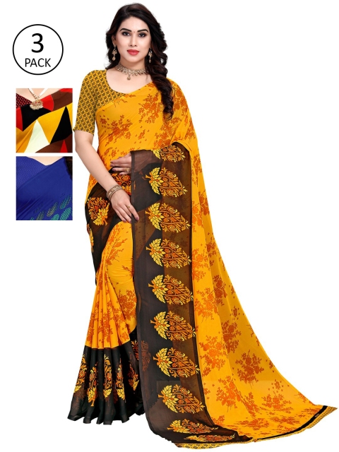 

KALINI Pack Of 3 Multicoloured Printed Sarees, Yellow