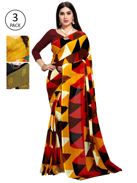 

KALINI Pack Of 3 Multicoloured Printed Sarees, Yellow