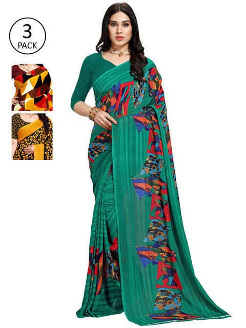 

KALINI Pack Of 3 Printed Sarees, Teal
