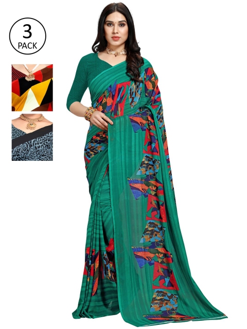 

KALINI Pack Of 3 Printed Sarees, Green
